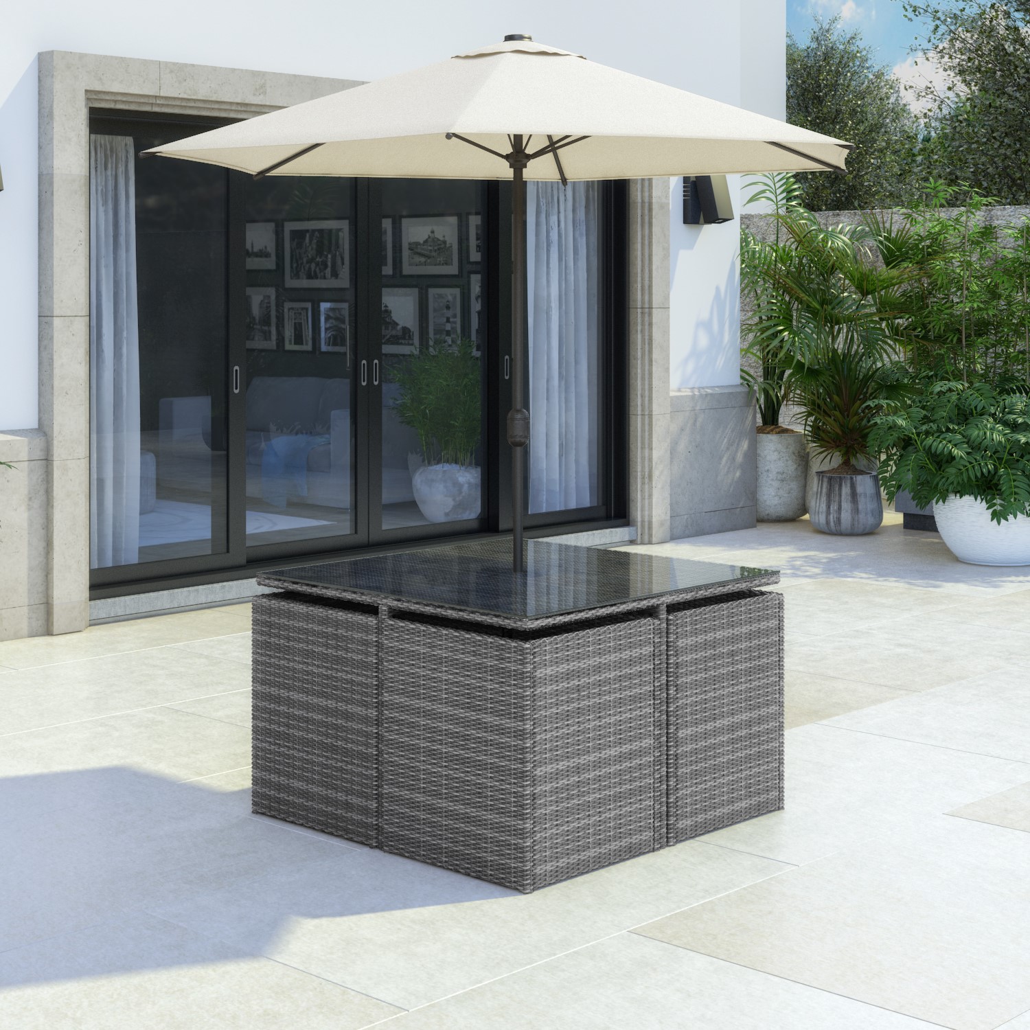 Read more about 4 seater grey rattan cube garden dining set parasol included fortrose